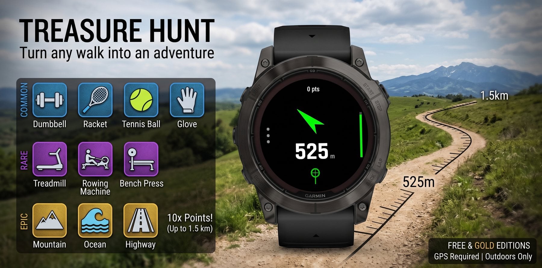 Treasure Hunt on a Garmin fenix watch, showing a direction arrow and 525 m to the next treasure, with the ten collectable icons
