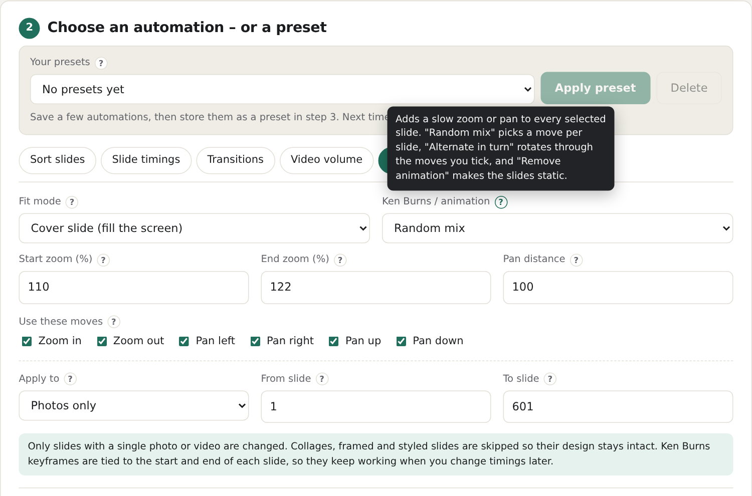 Effects and Ken Burns settings
