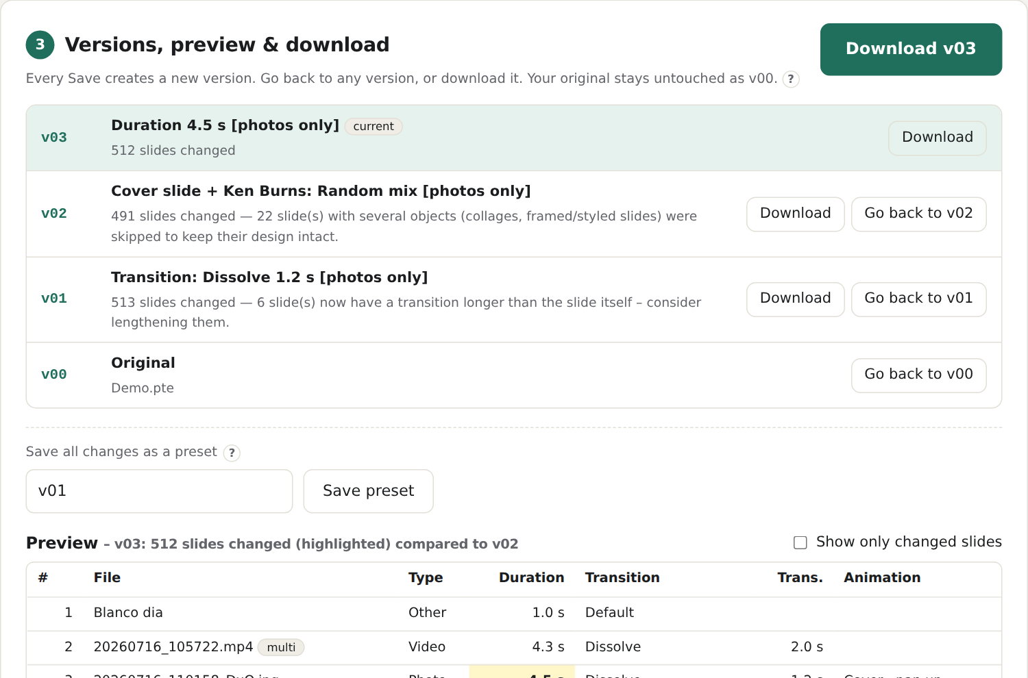 PTE AV Batch Tools: version history with three saved changes and a preview of the changed slides